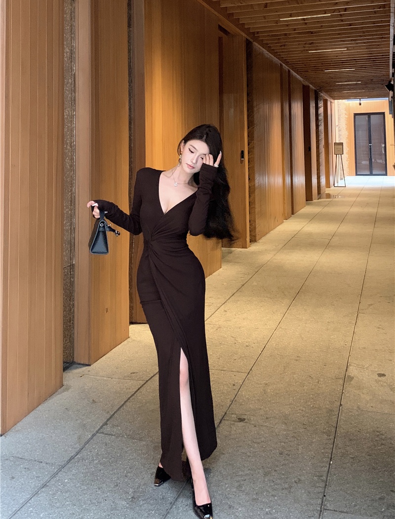 Long sleeve package hip slim autumn retro long dress