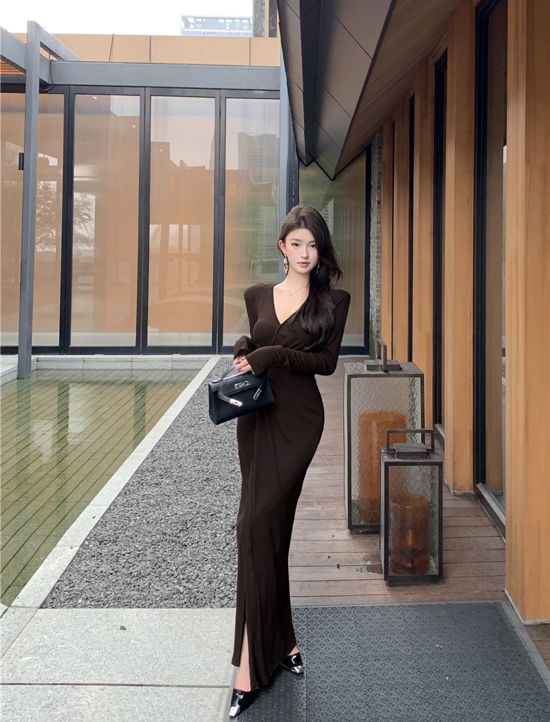 Long sleeve package hip slim autumn retro long dress