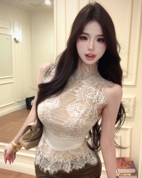 Enticement stand collar crochet vest lace slim tops