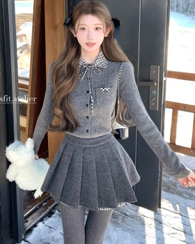 Splice plaid cardigan pleated skirt a set for women