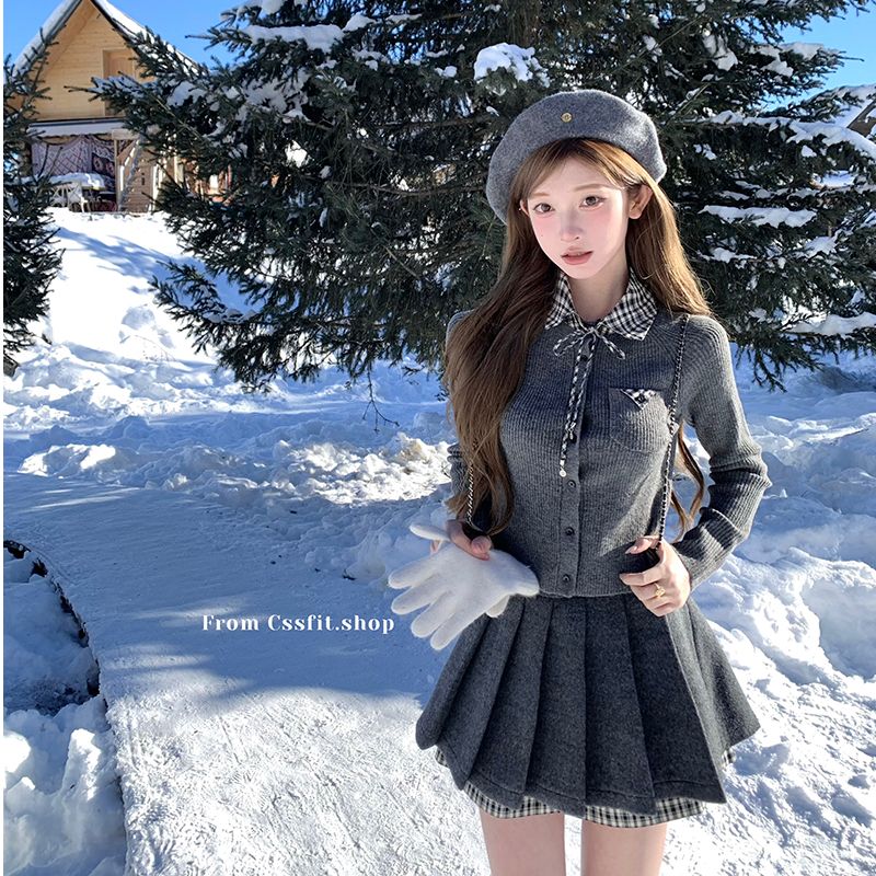 Splice plaid cardigan pleated skirt a set for women