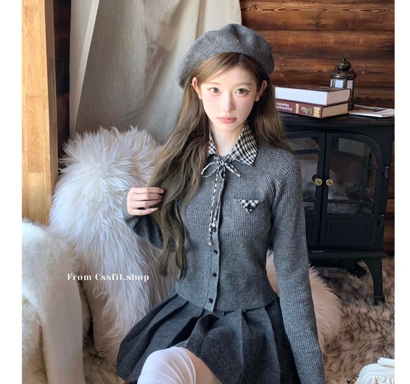 Splice plaid cardigan pleated skirt a set for women