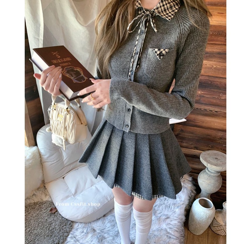 Splice plaid cardigan pleated skirt a set for women