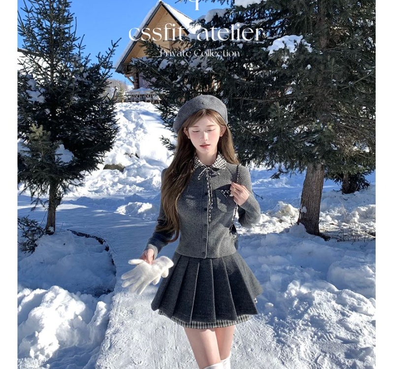 Splice plaid cardigan pleated skirt a set for women