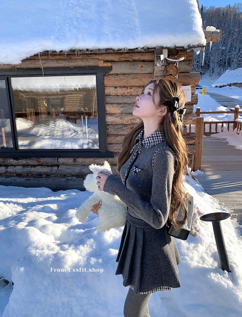 Splice plaid cardigan pleated skirt a set for women