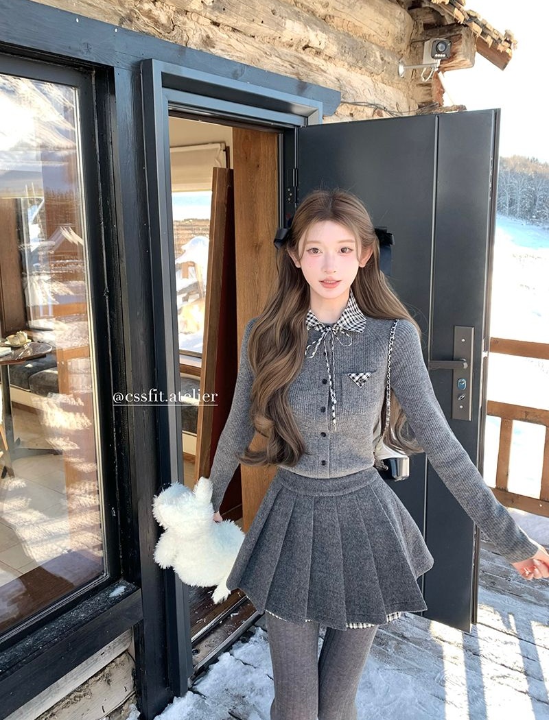 Splice plaid cardigan pleated skirt a set for women