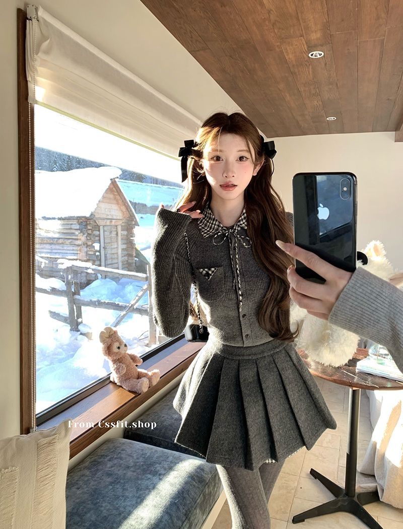 Splice plaid cardigan pleated skirt a set for women