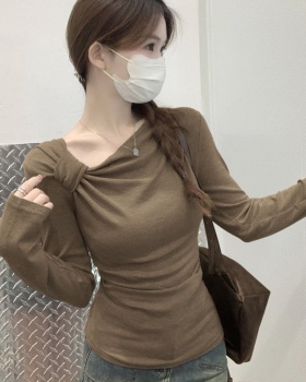 Slim cashmere T-shirt long sleeve oblique collar tops for women