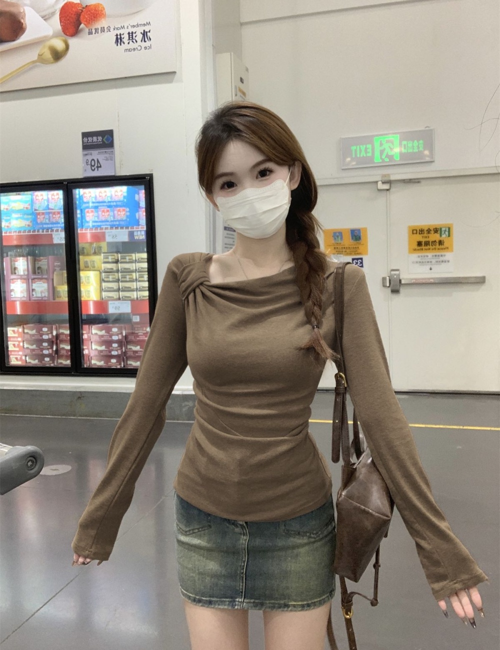 Slim cashmere T-shirt long sleeve oblique collar tops for women