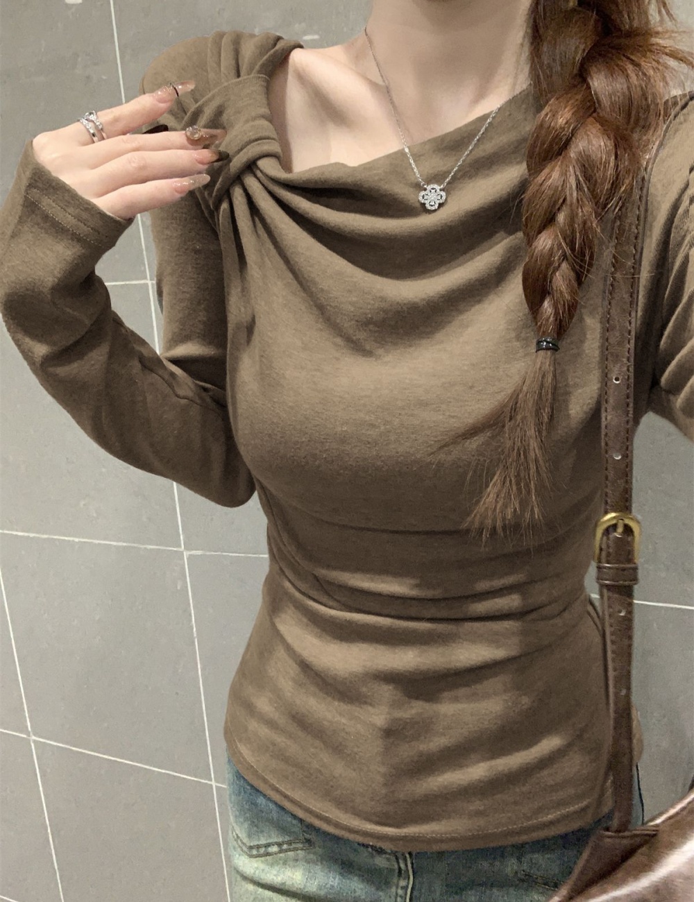 Slim cashmere T-shirt long sleeve oblique collar tops for women