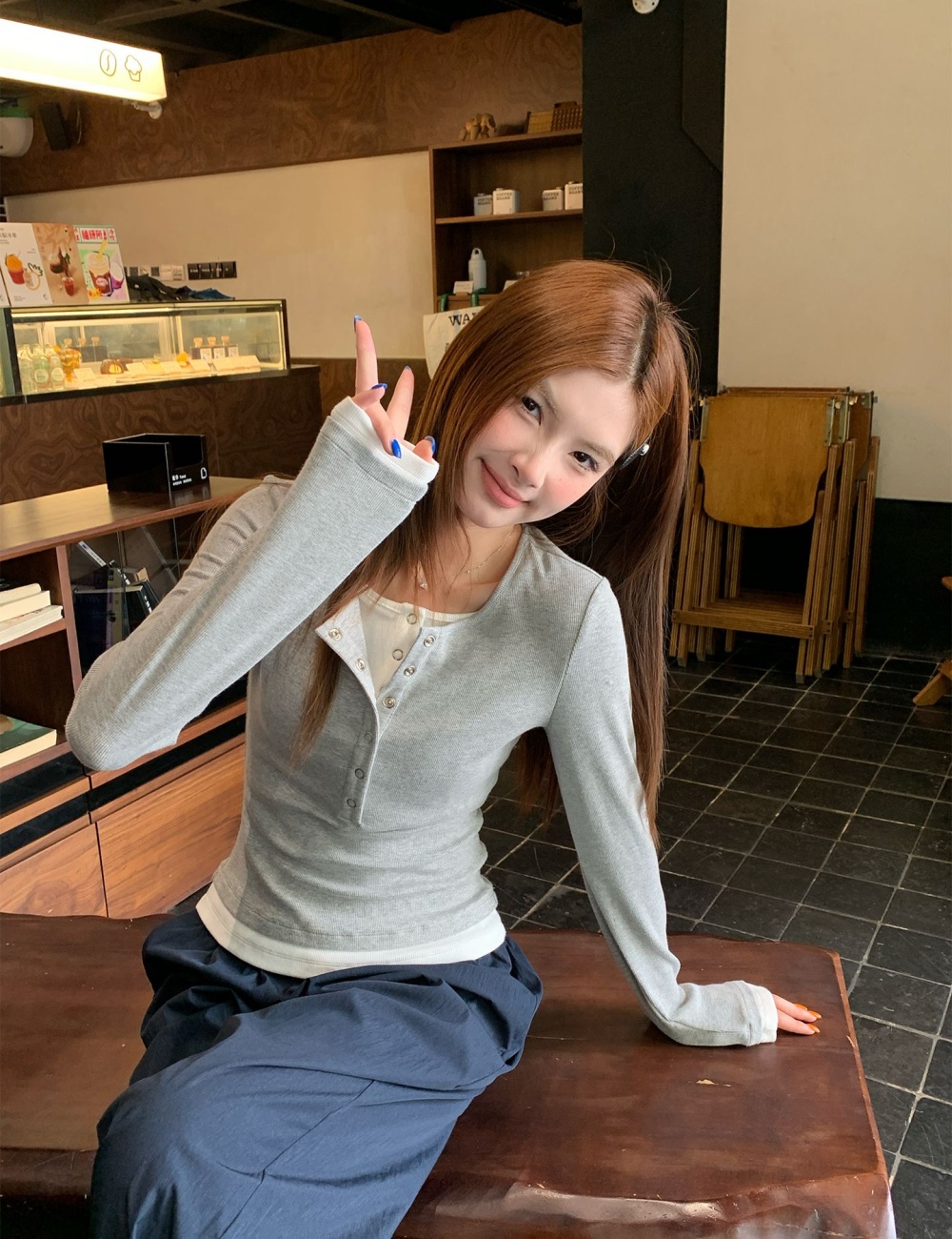 Long sleeve cotton tops Pseudo-two autumn bottoming shirt