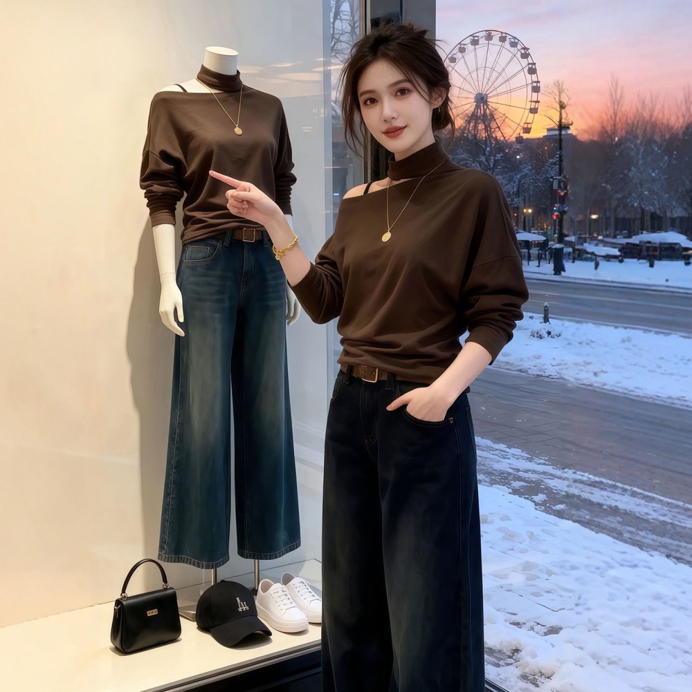 Rib fleece T-shirt strapless plus velvet tops for women