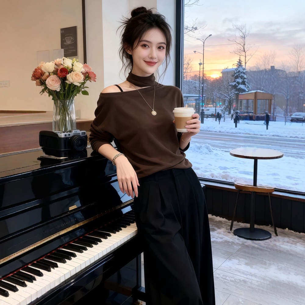 Rib fleece T-shirt strapless plus velvet tops for women