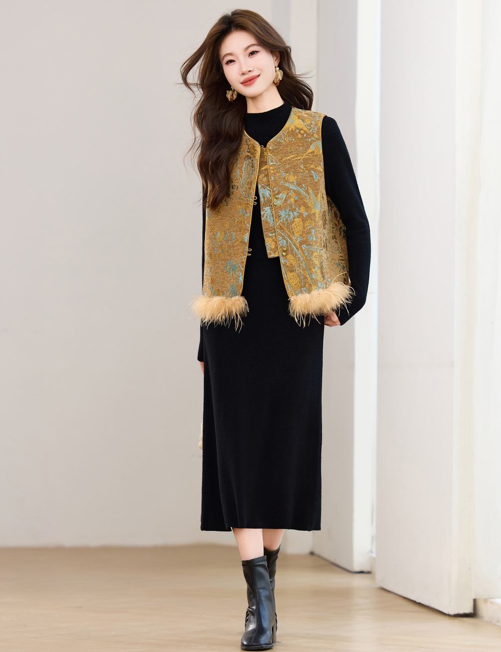 Removable dress plus cotton waistcoat 2pcs set for women