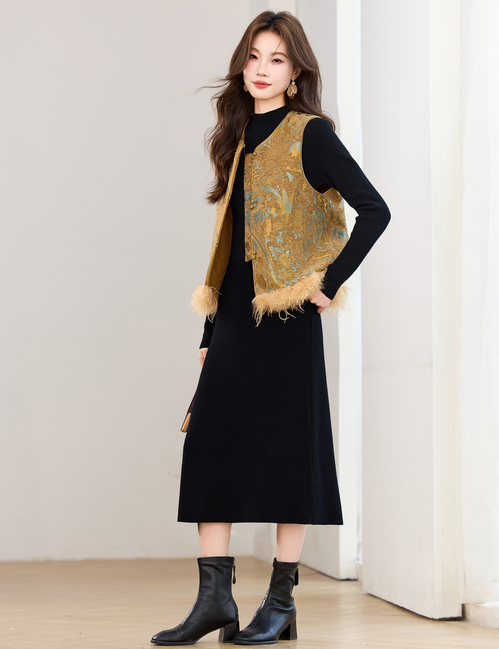 Removable dress plus cotton waistcoat 2pcs set for women