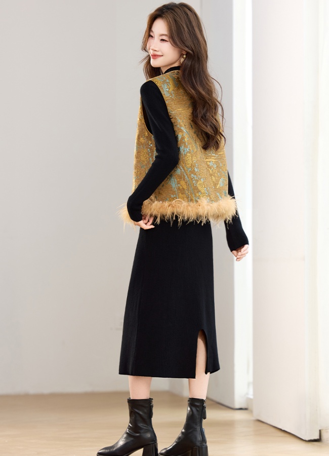 Removable dress plus cotton waistcoat 2pcs set for women