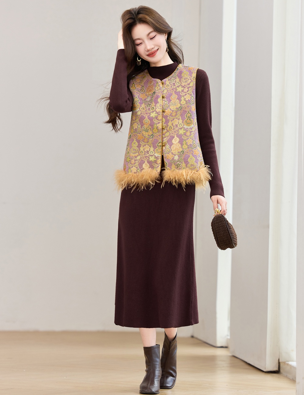 Removable dress plus cotton waistcoat 2pcs set for women