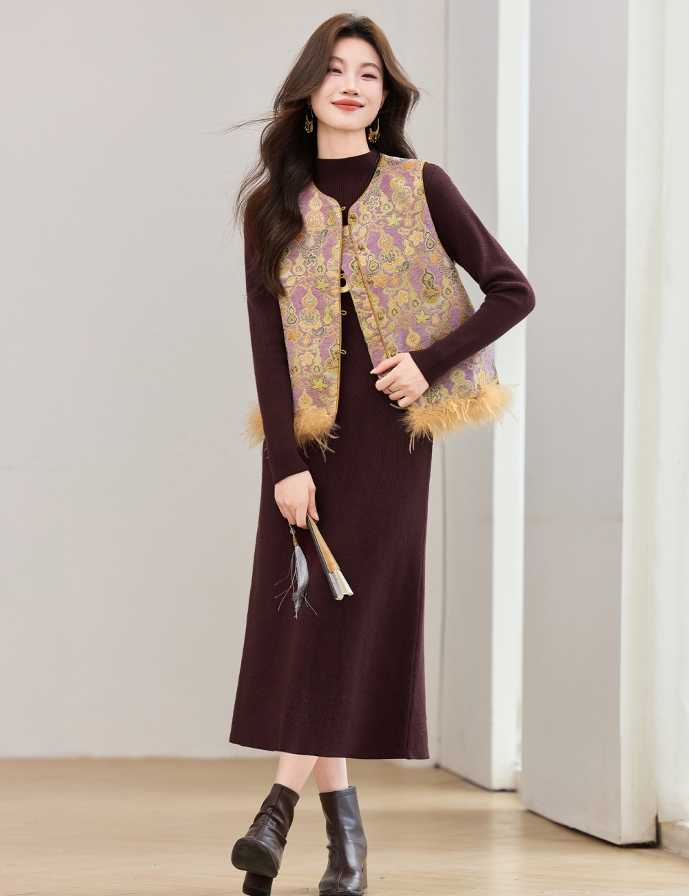 Removable dress plus cotton waistcoat 2pcs set for women