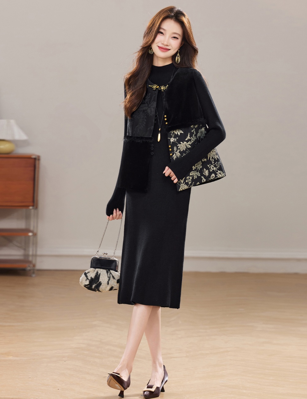 Round neck temperament waistcoat winter dress 2pcs set for women