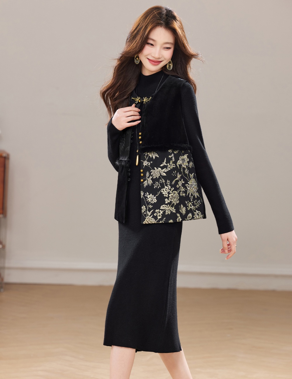 Round neck temperament waistcoat winter dress 2pcs set for women