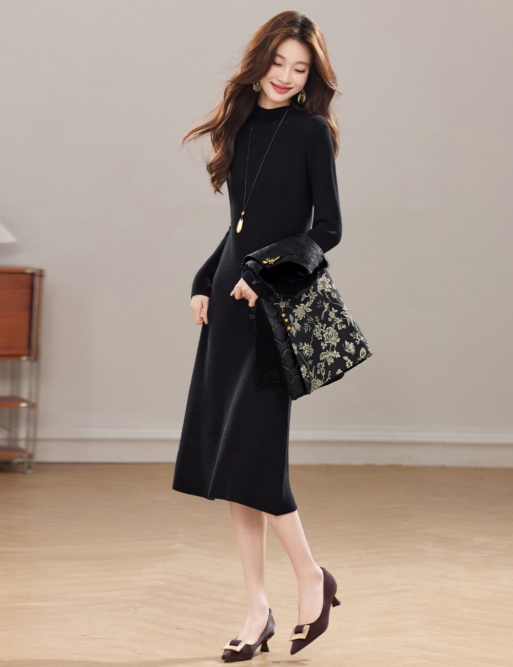 Round neck temperament waistcoat winter dress 2pcs set for women