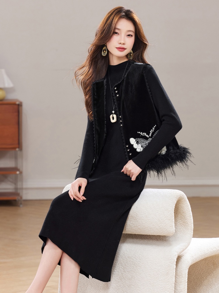 Round neck temperament waistcoat winter dress 2pcs set for women