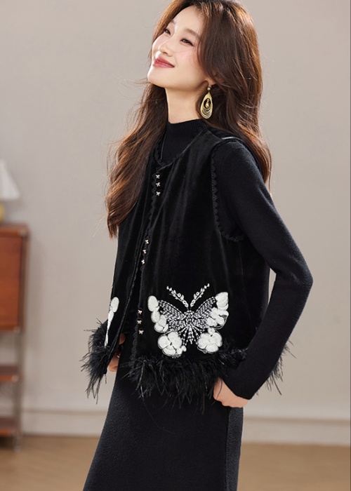 Round neck temperament waistcoat winter dress 2pcs set for women