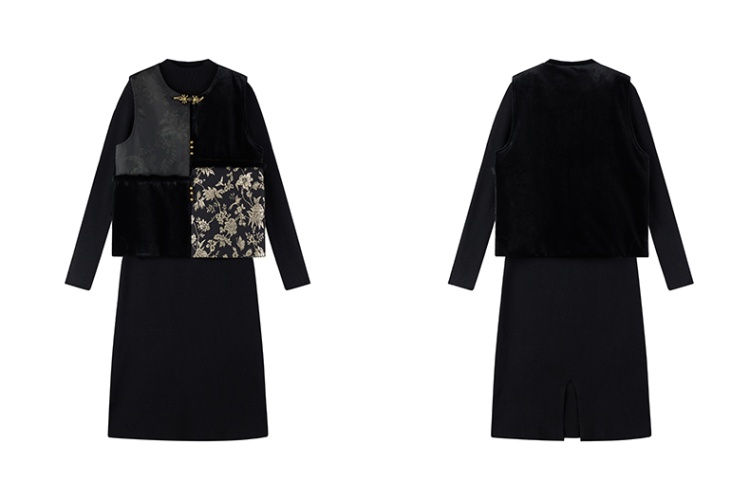 Round neck temperament waistcoat winter dress 2pcs set for women