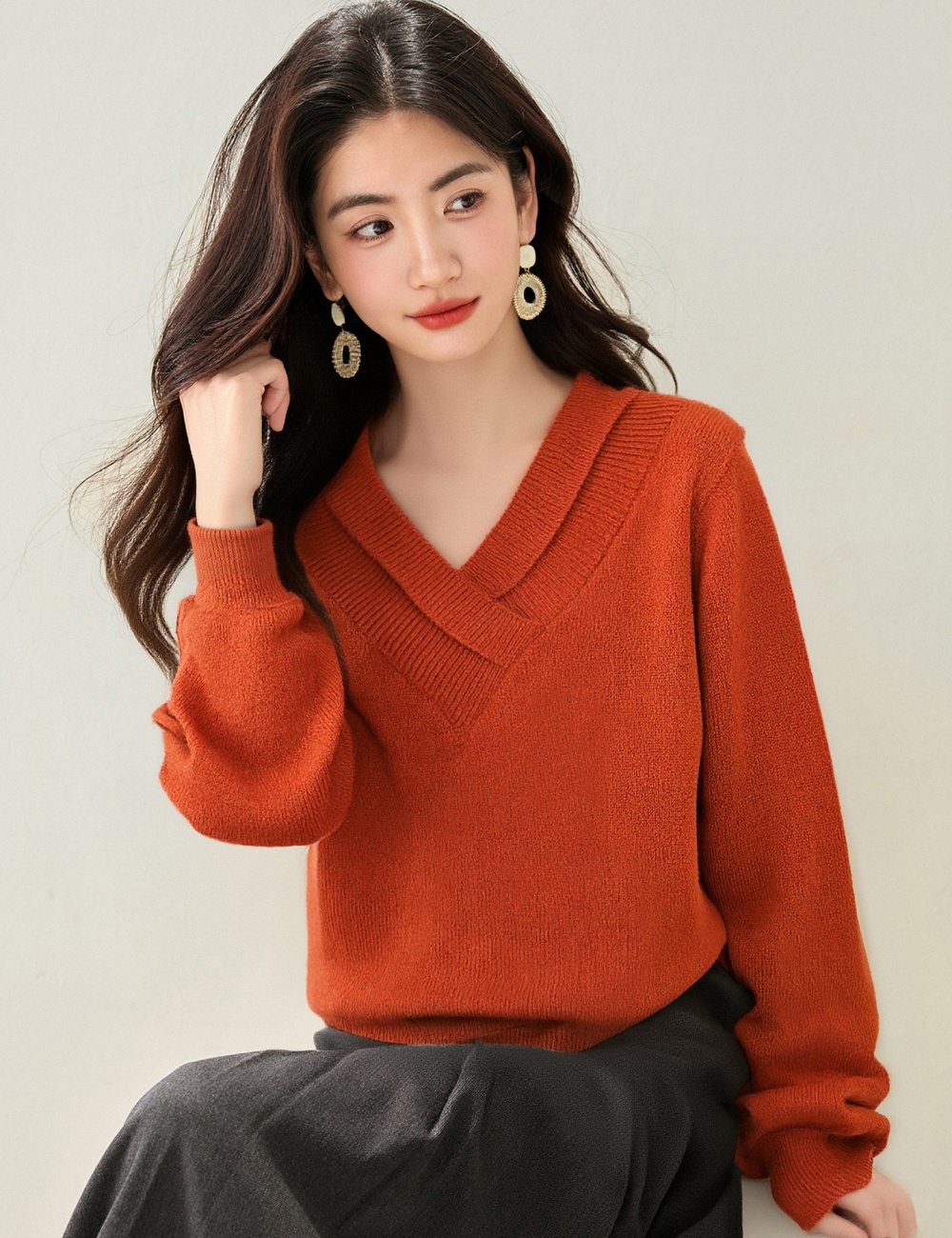 Lazy all-match tops winter V-neck sweater
