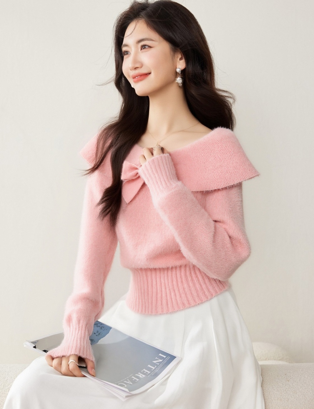 Korean style sweet tops bow sweater for women