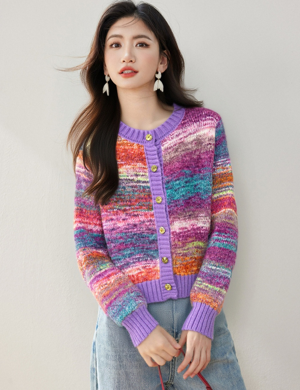 Purple round neck tops mixed colors sweater