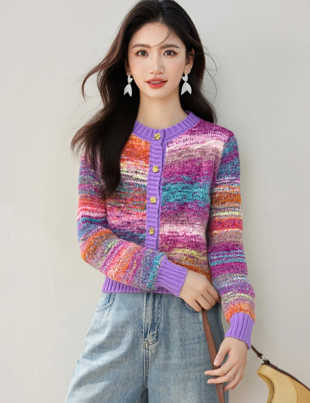 Purple round neck tops mixed colors sweater