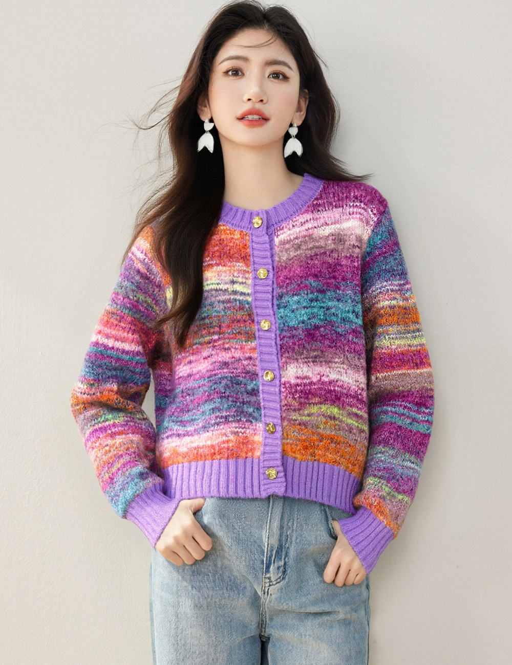 Purple round neck tops mixed colors sweater