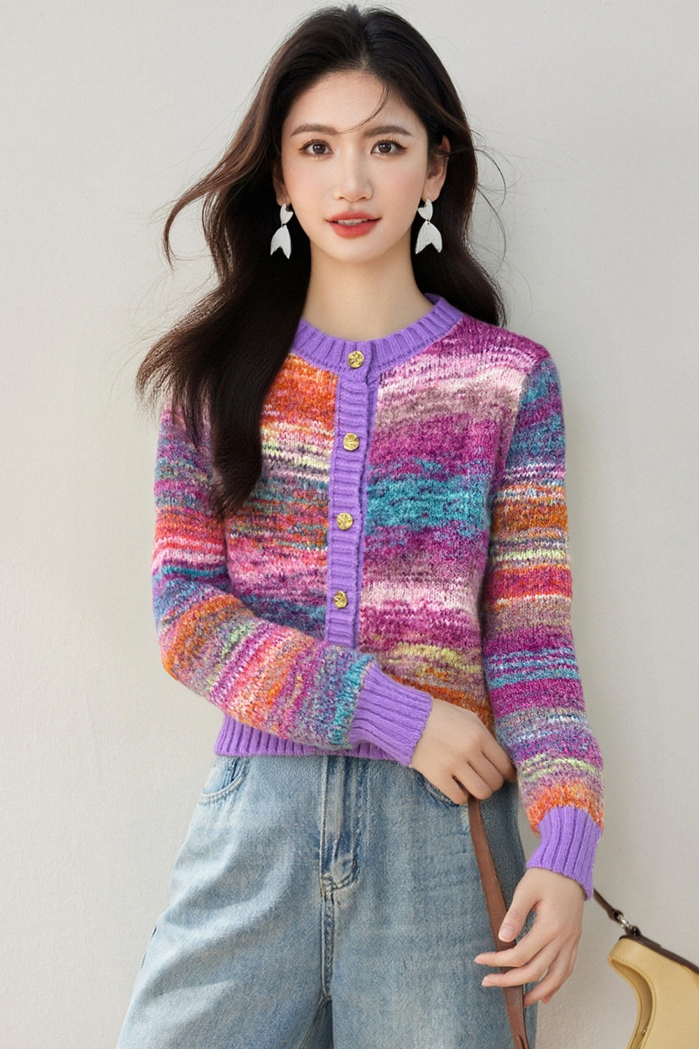Purple round neck tops mixed colors sweater