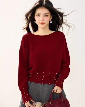 Retro lace pearl tops Korean style short V-neck sweater