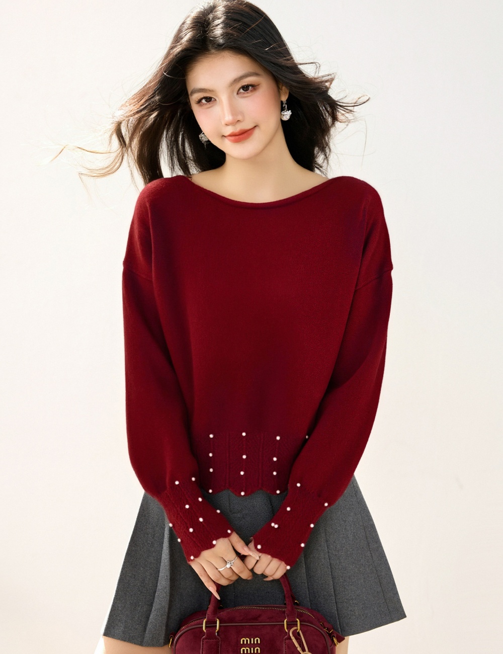 Retro lace pearl tops Korean style short V-neck sweater