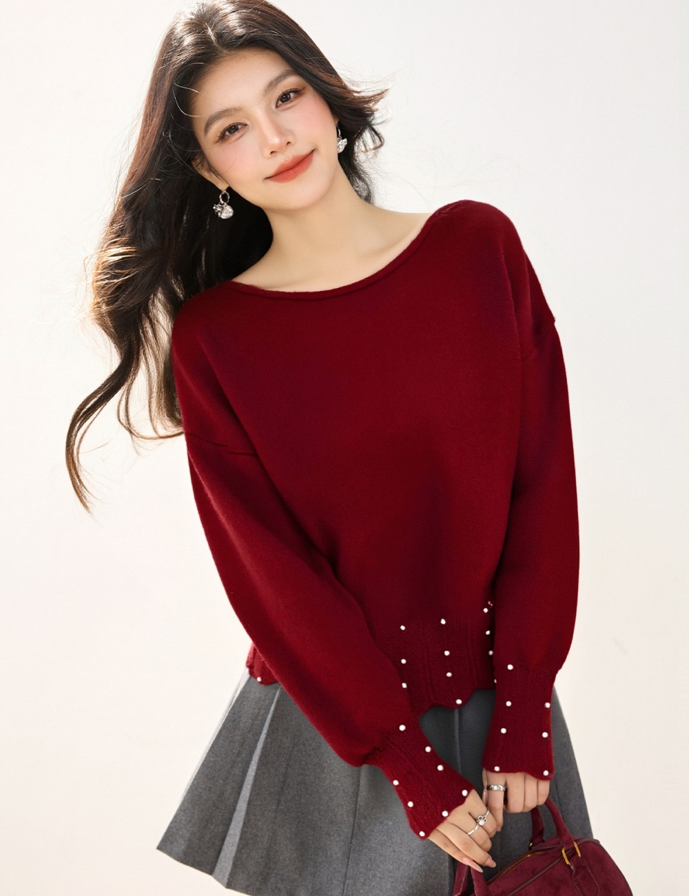 Retro lace pearl tops Korean style short V-neck sweater