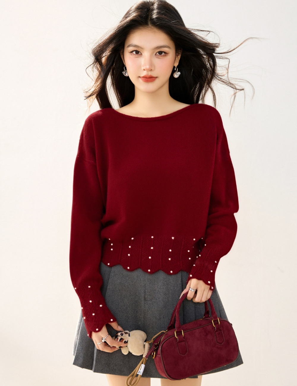 Retro lace pearl tops Korean style short V-neck sweater