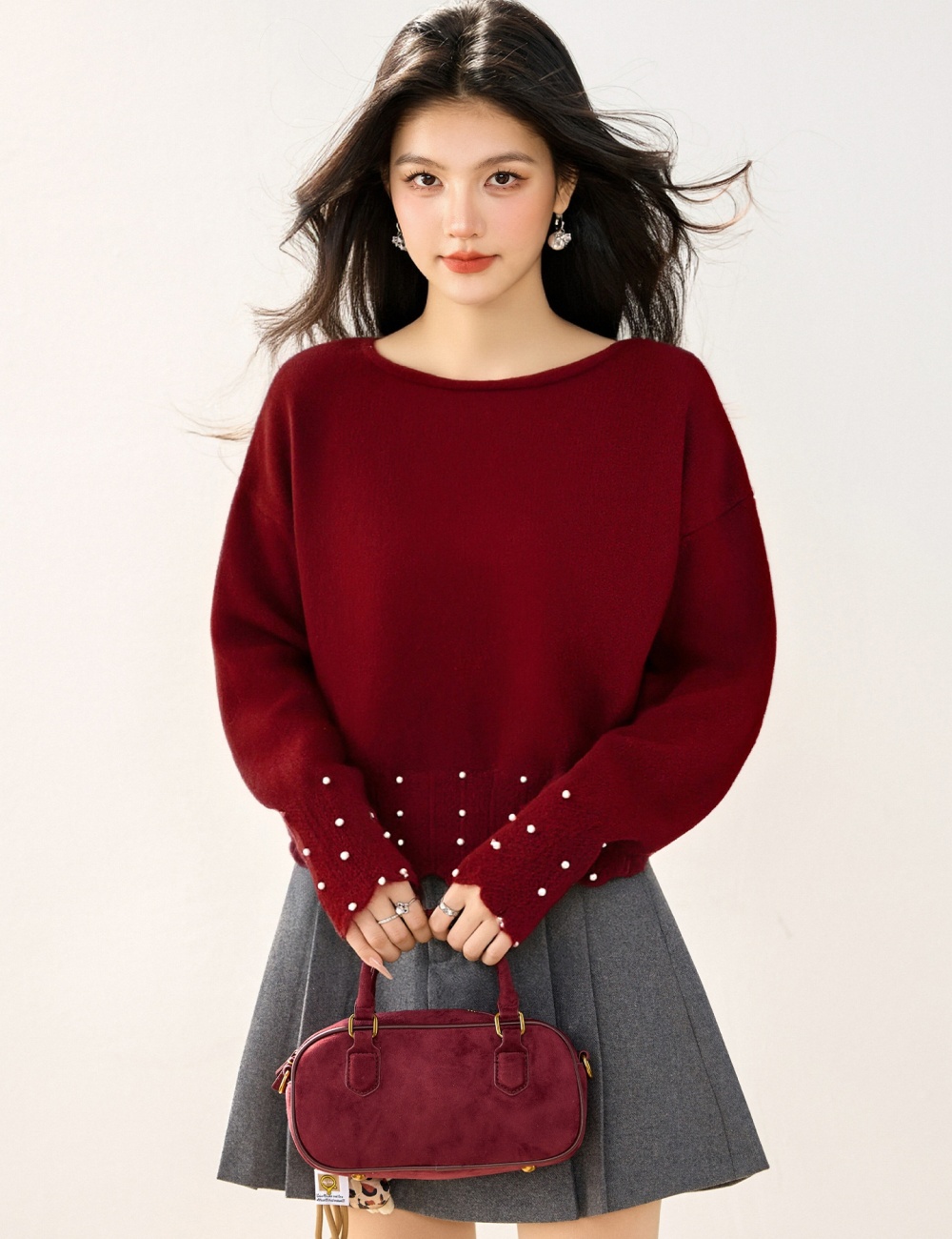 Retro lace pearl tops Korean style short V-neck sweater