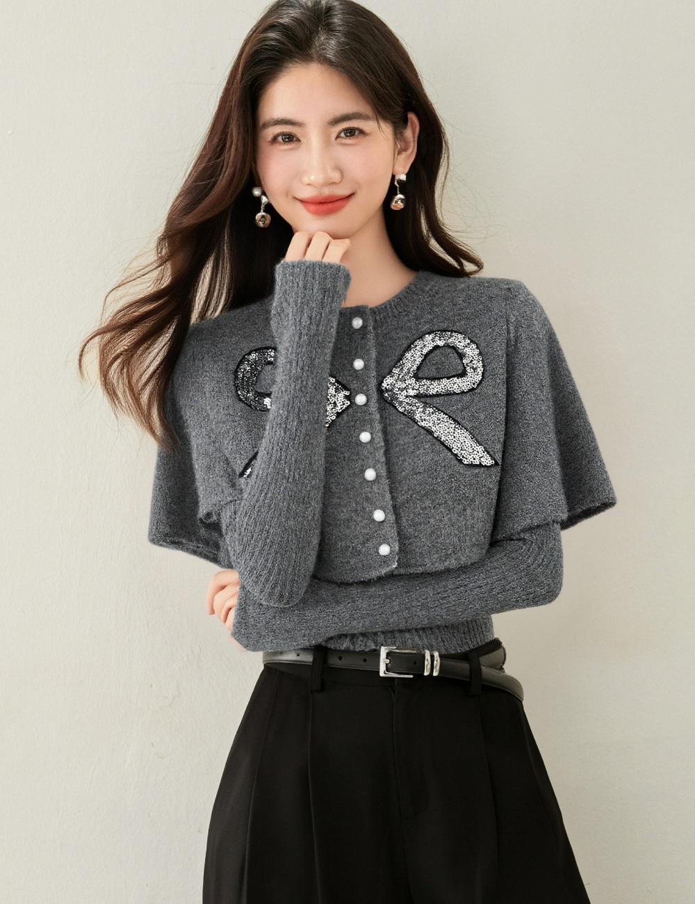 All-match sequins bow bottoming autumn and winter shawl a set