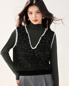 Sequins autumn and winter tops knitted V-neck waistcoat