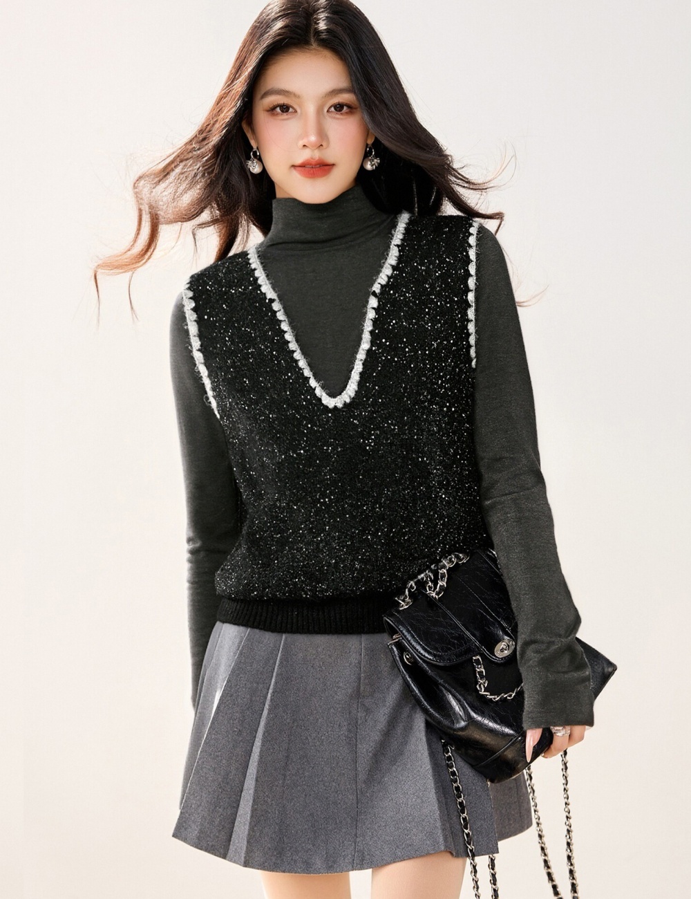 Sequins autumn and winter tops knitted V-neck waistcoat