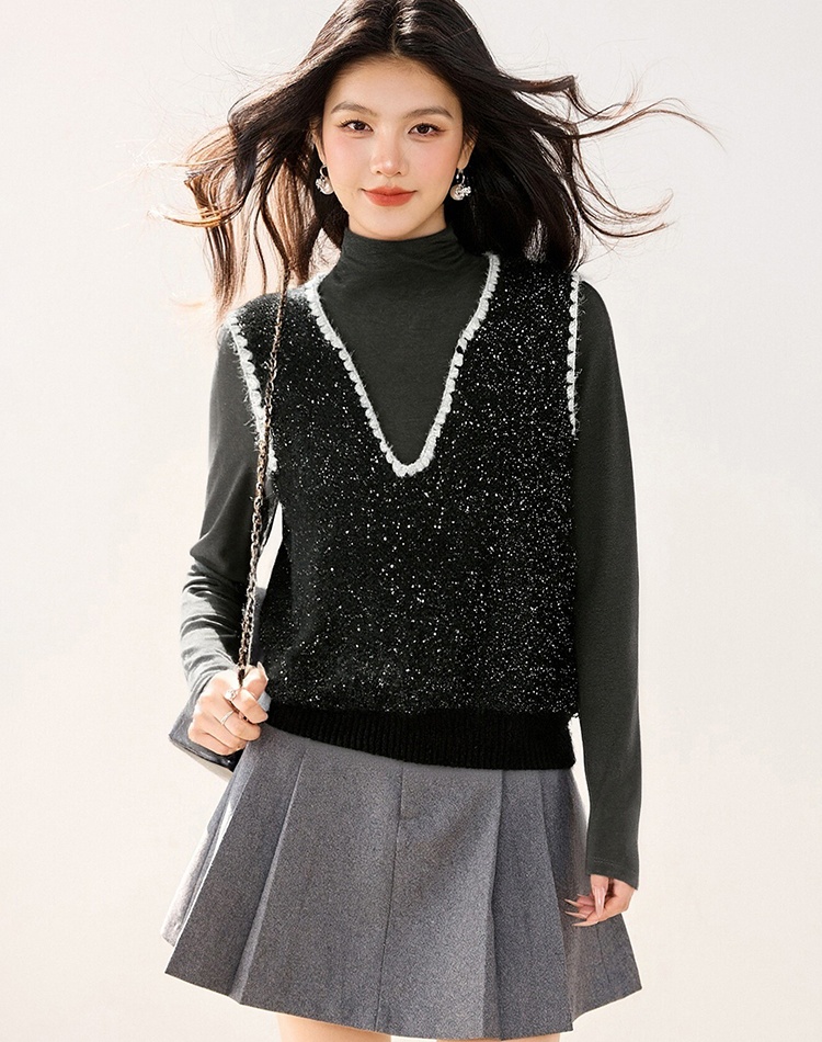 Sequins autumn and winter tops knitted V-neck waistcoat