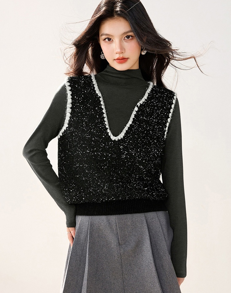 Sequins autumn and winter tops knitted V-neck waistcoat