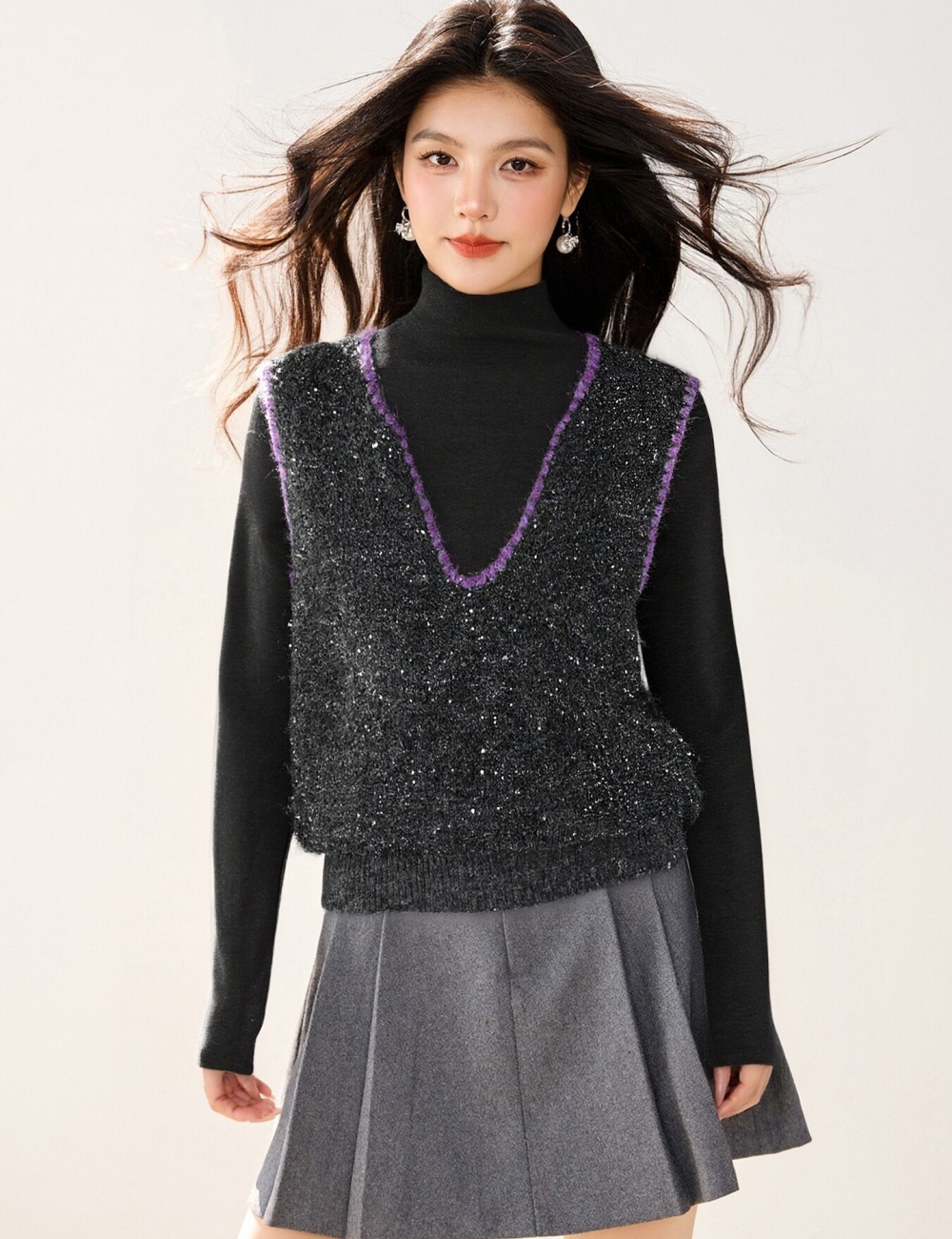 Sequins autumn and winter tops knitted V-neck waistcoat