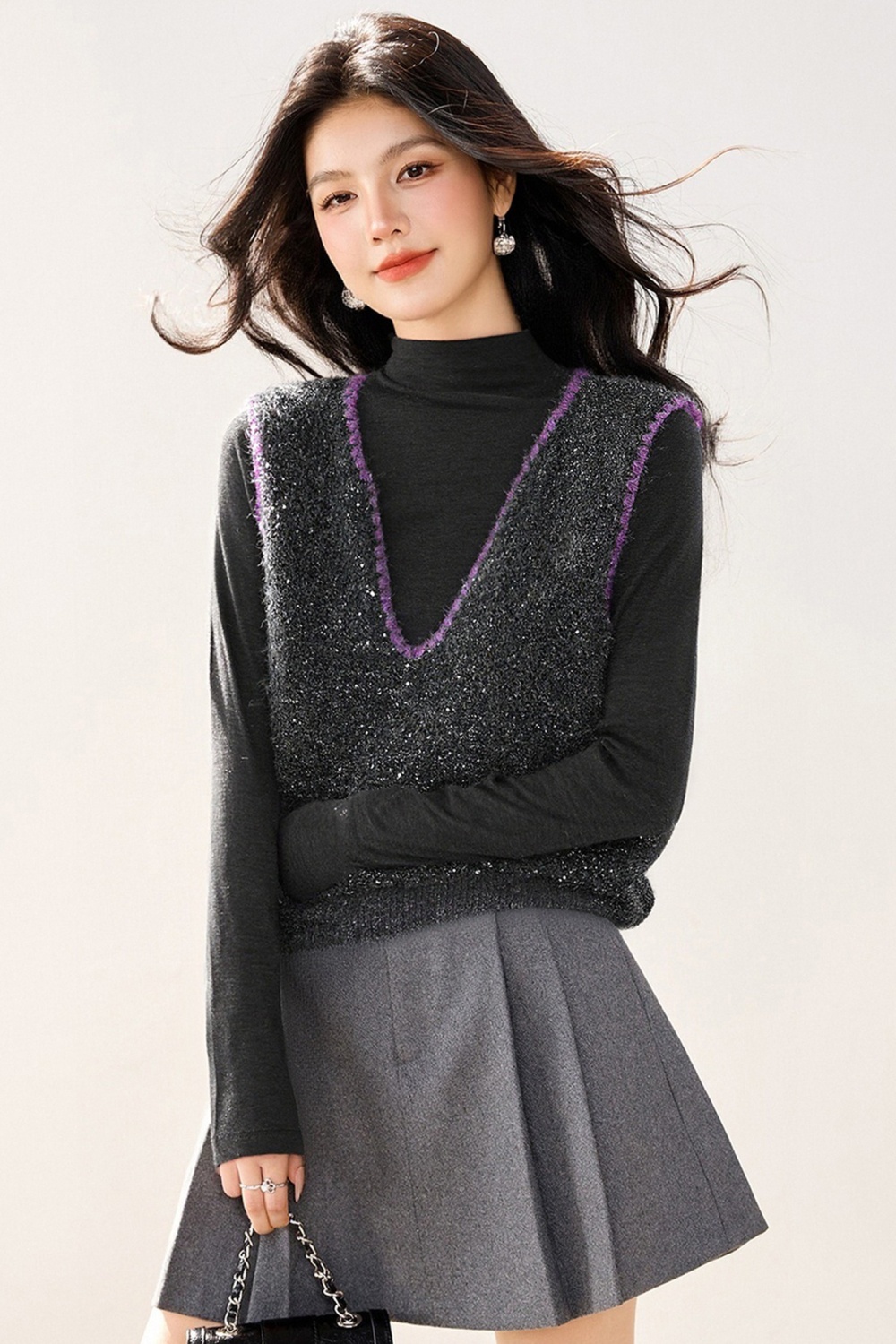 Sequins autumn and winter tops knitted V-neck waistcoat