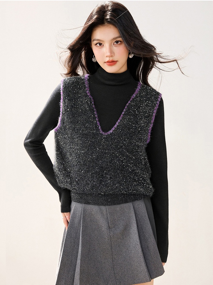 Sequins autumn and winter tops knitted V-neck waistcoat