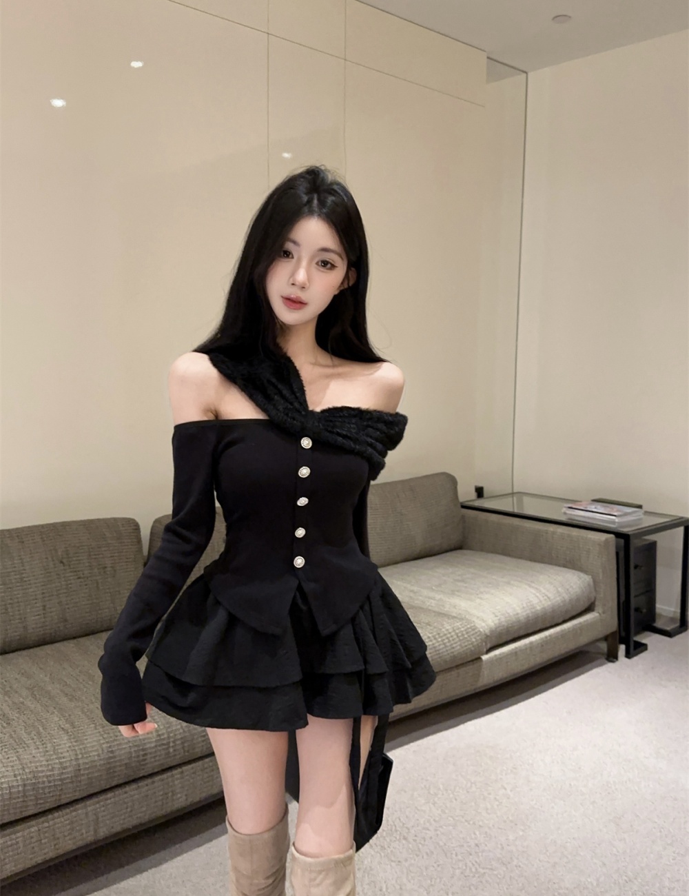 Fluffy puff skirt enticement tops 2pcs set