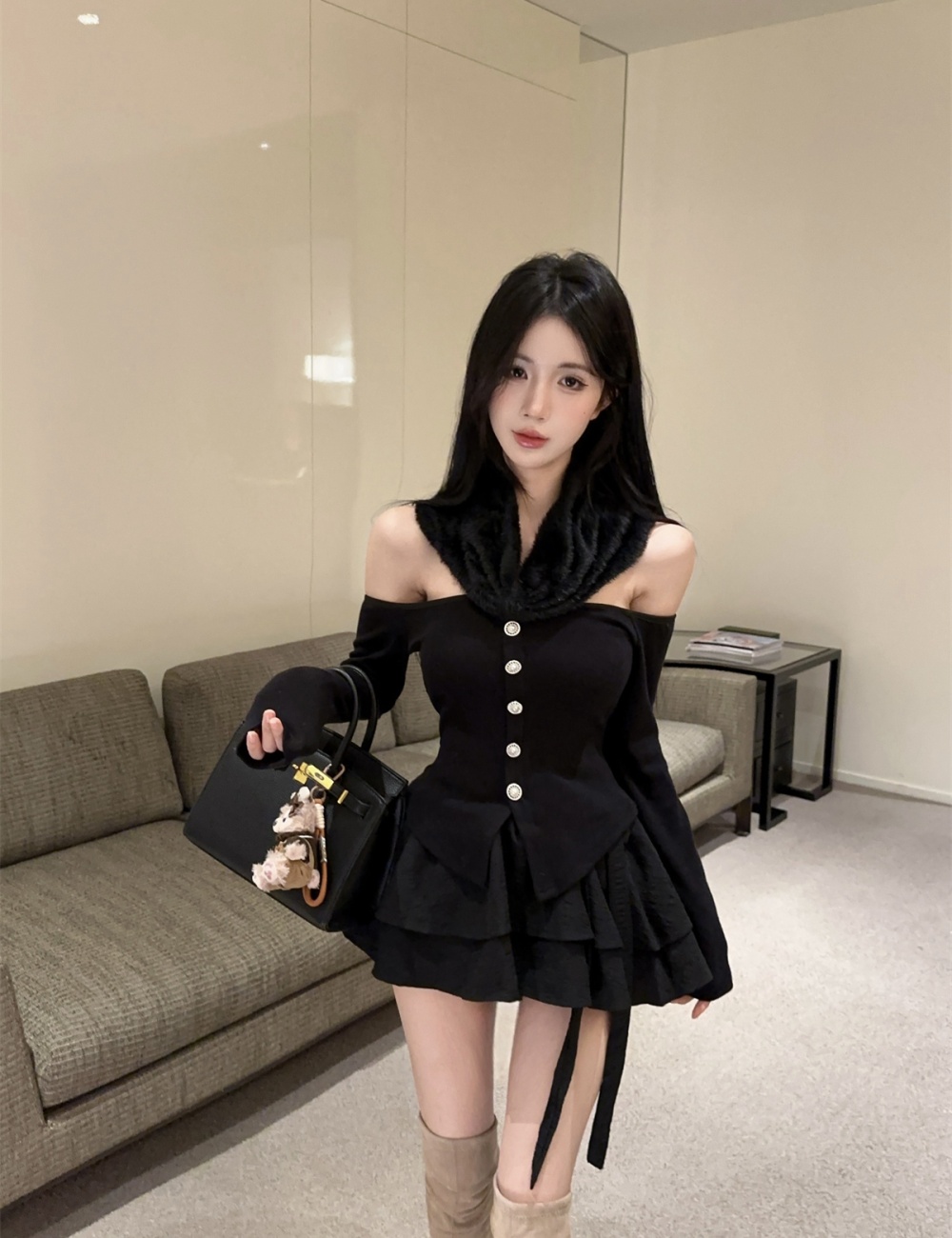 Fluffy puff skirt enticement tops 2pcs set