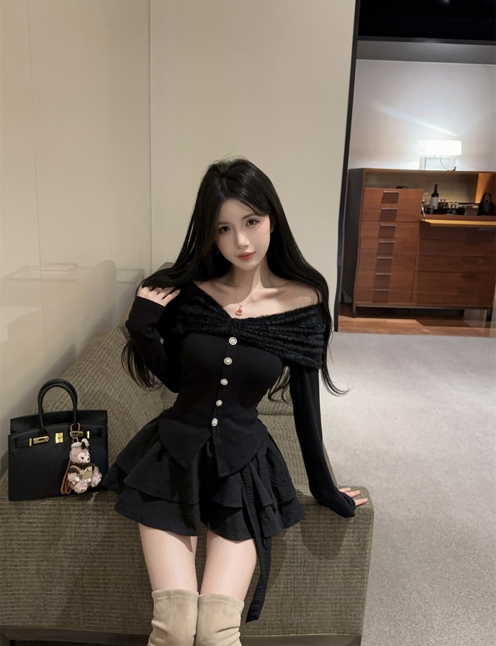 Fluffy puff skirt enticement tops 2pcs set